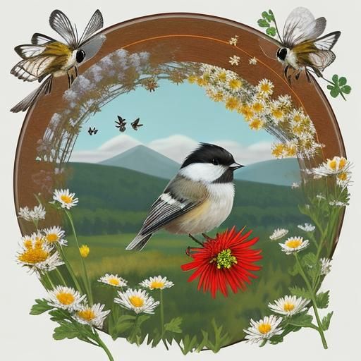 Chickadees and Wildflowers with Vermont Mountain Backdrop