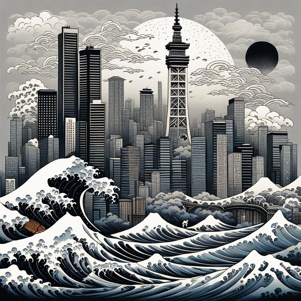 Ukiyo-e Cityscape with Guitarist in Japanese Style