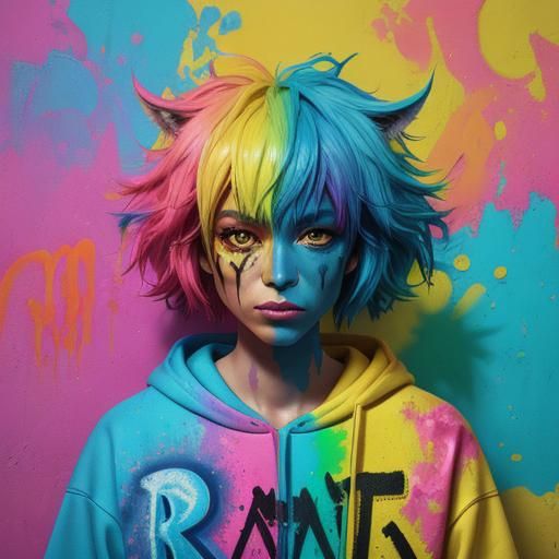 Cute Monster in Rainbow Bedroom as Graffiti Art