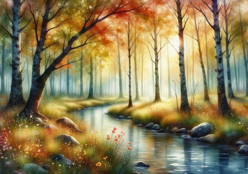 Autumnal Forest Stream in Klimt-Inspired Style