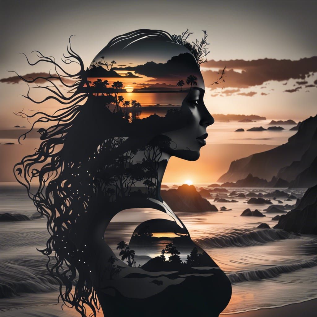 Goddess Silhouette Merged with Sunset Coast