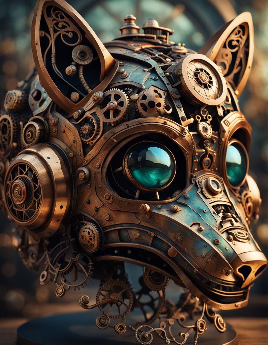 Steampunk Fox: Ornate Helmet Close-up in 8K