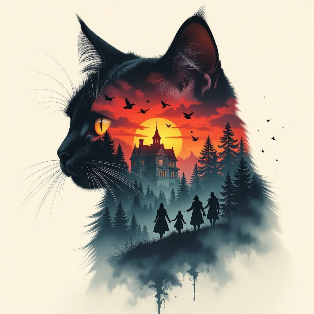Mystical Cat Silhouette with Forest and Castle Fantasy Art