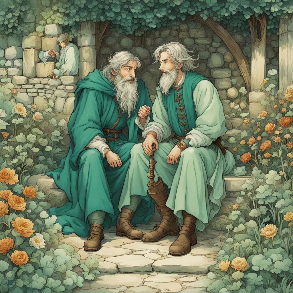 Cheerful Father and Son in Anime Fairytale Garden