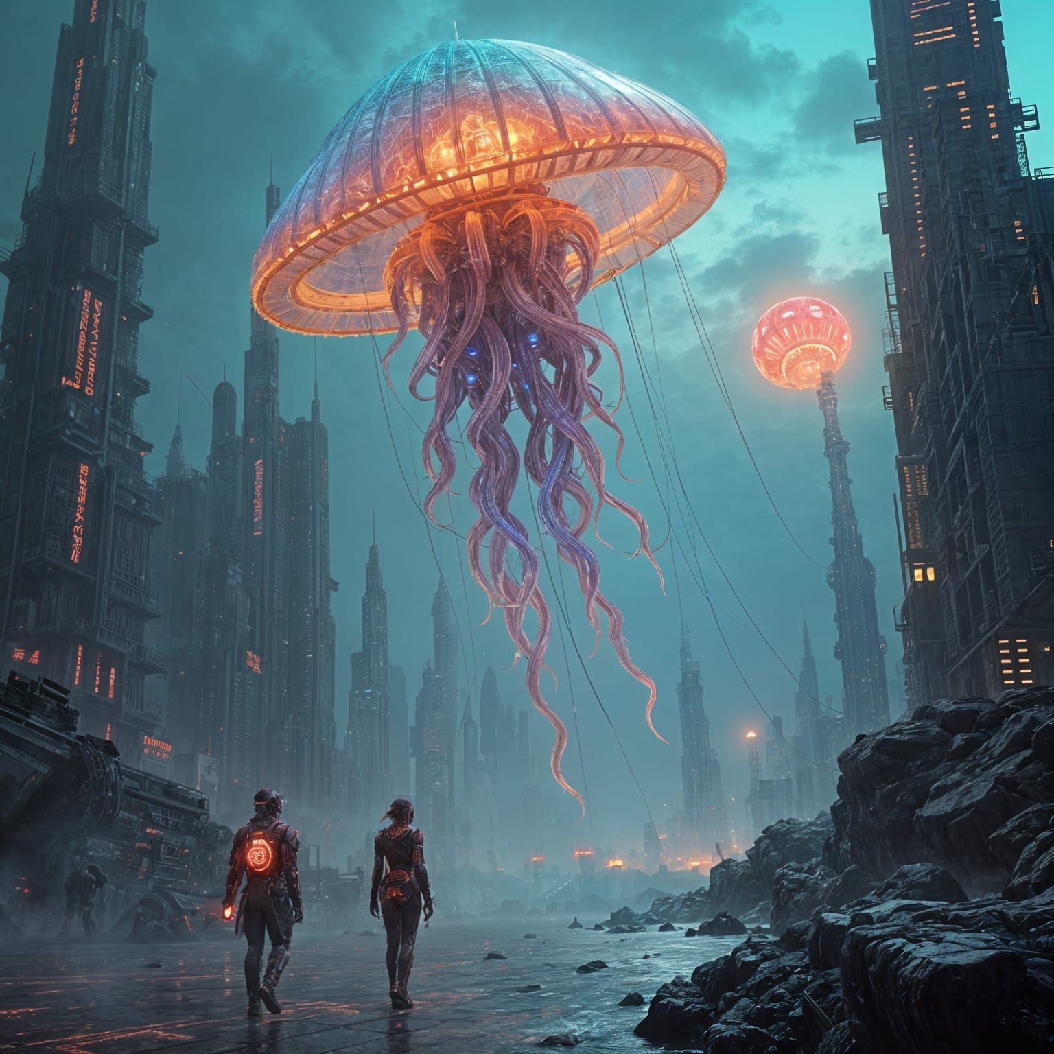 Surreal Cyberpunk Jellyfish soars above Futuristic Cityscape