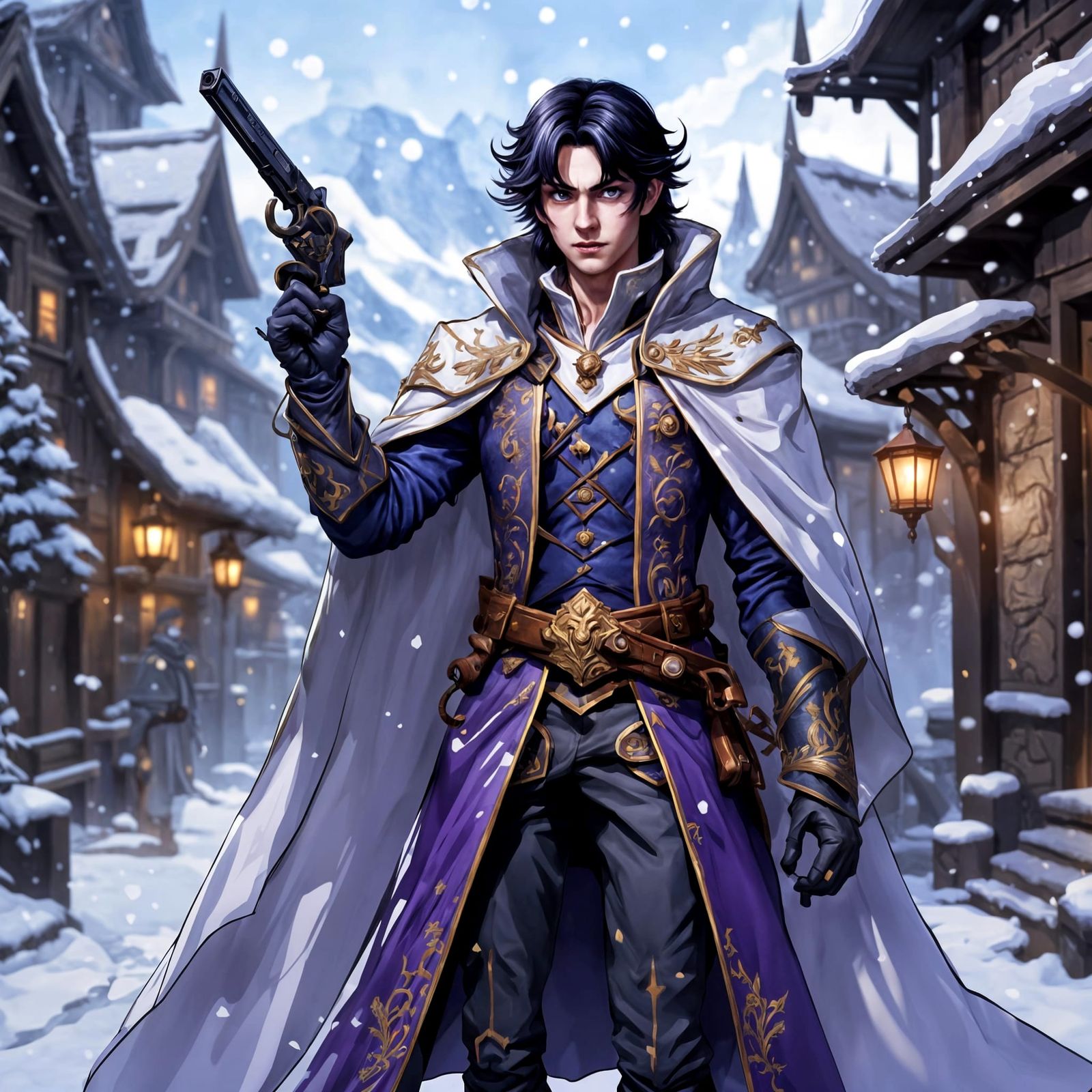 Regal Half Elf Noble in Snowy Mountain Village