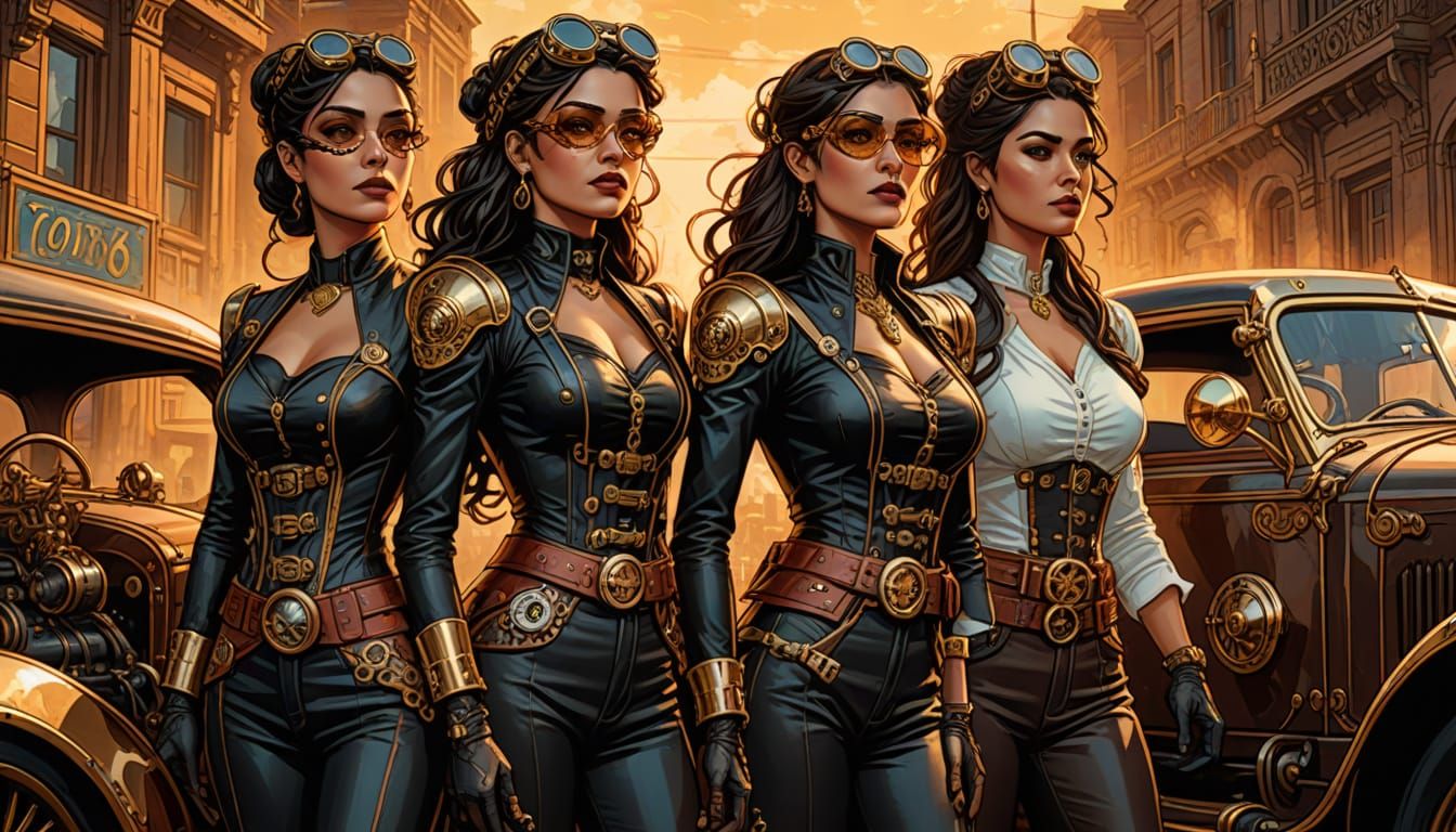 Steampunk Women with Racing Car in Comic Book Style