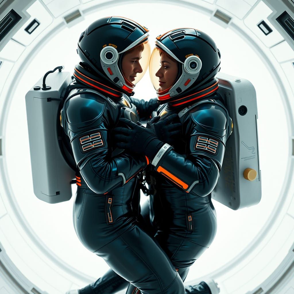 Zero-Gravity Lovers in Futuristic Latex Suits