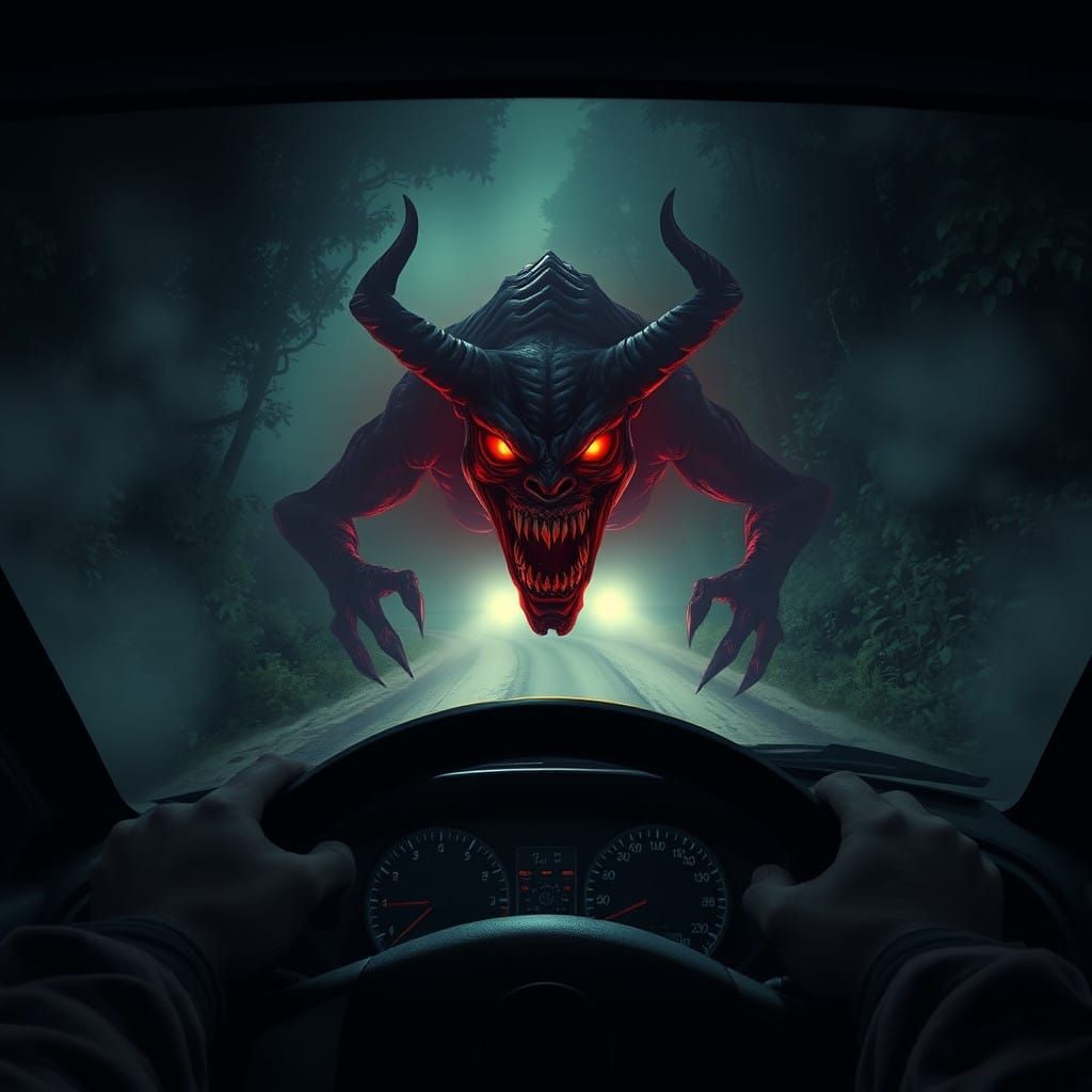 Driver's Primal Terror in Dark, Foggy Night