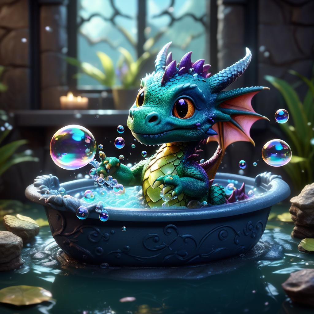 Cute Baby Dragon's Bubble Bath Fantasy