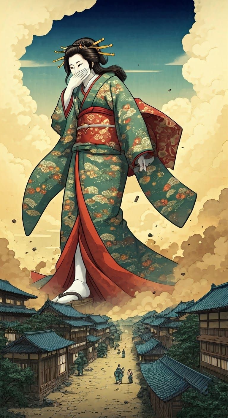 Giant Geisha Wreaks Havoc in Ukiyo-e Style