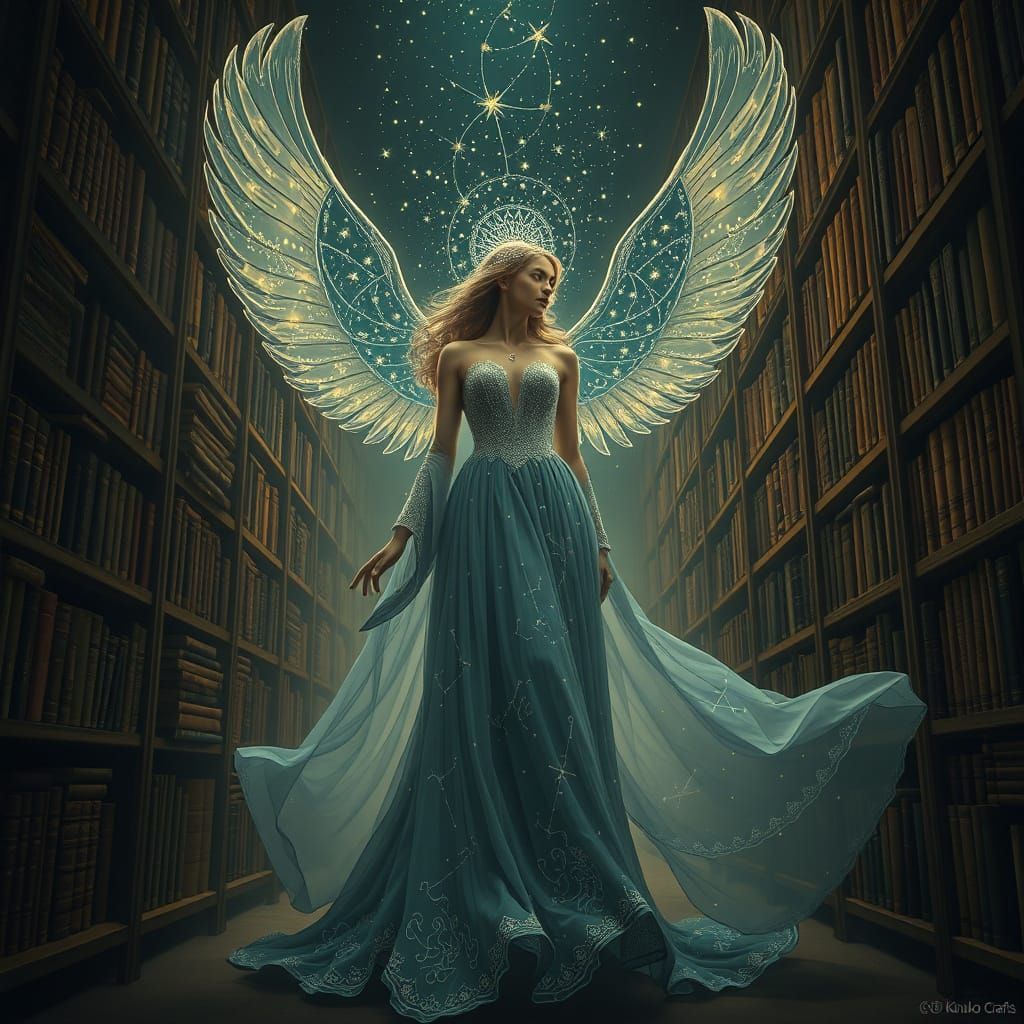 Celestial Librarian Surrounded by Glowing Books