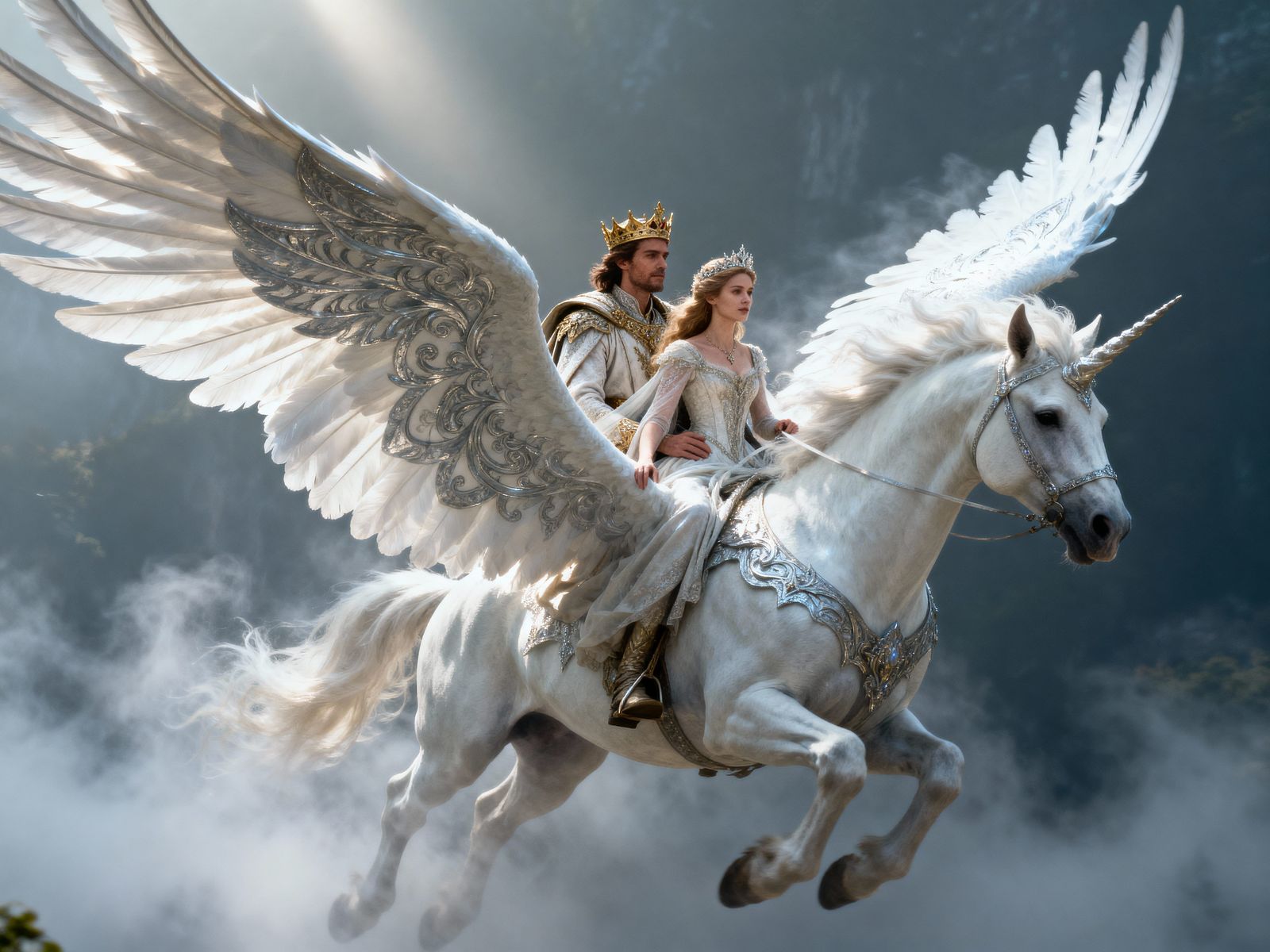 King and Queen Ride Majestic Pegasus Through Ethereal Skies