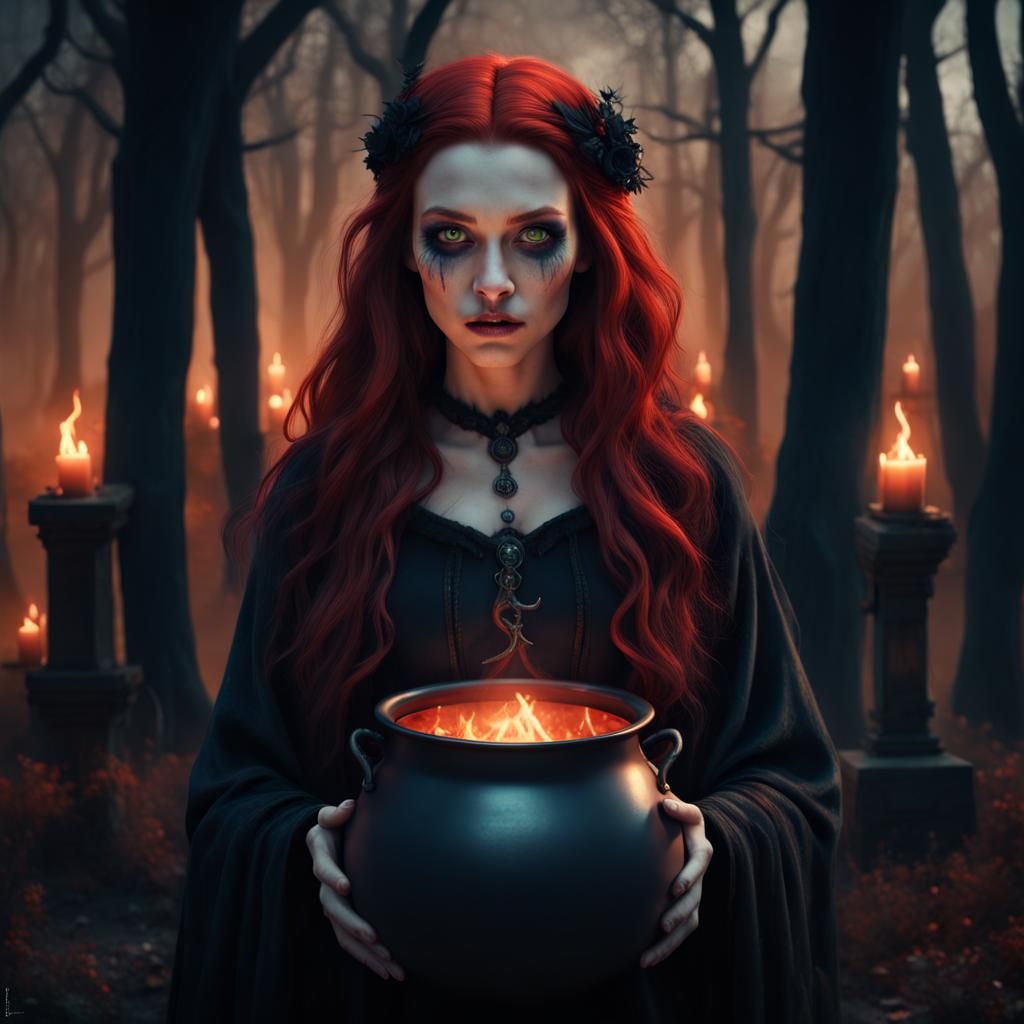 Halloween Witch in Graveyard: Detailed Matte Painting