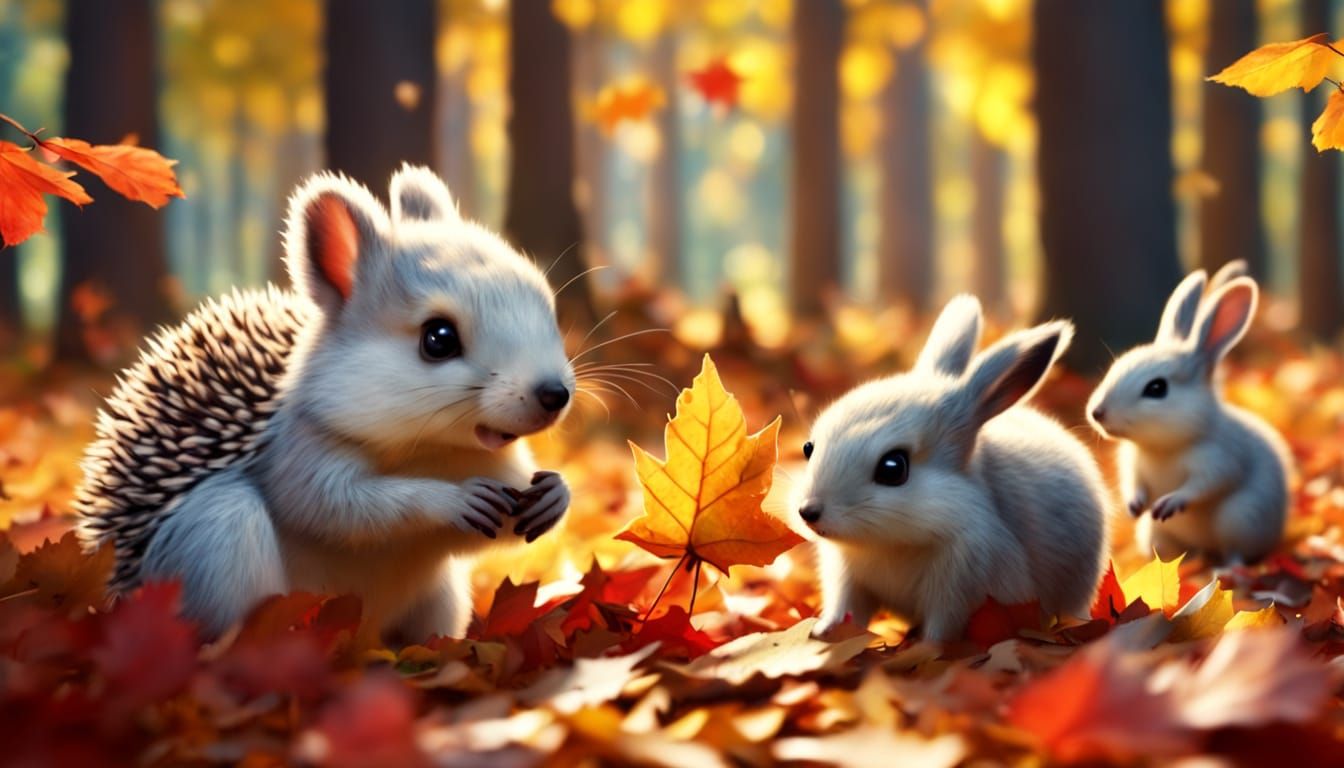 Cute Animals Play In Autumn Leaves, Photo Realistic