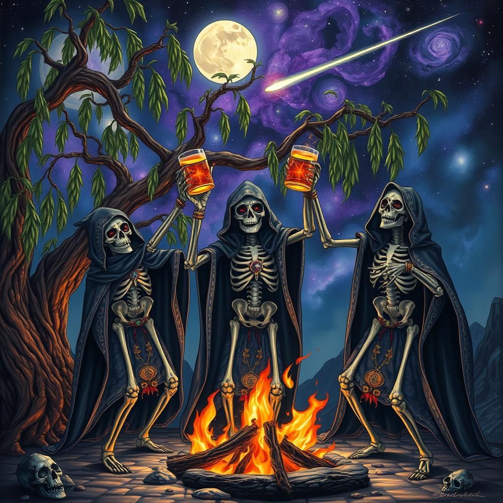 Medieval Skeletons Dance Under Astral Sky