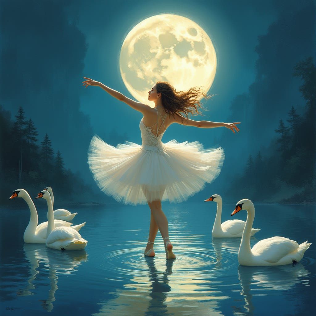 Ballerina Dances with Swans in Art Nouveau Style