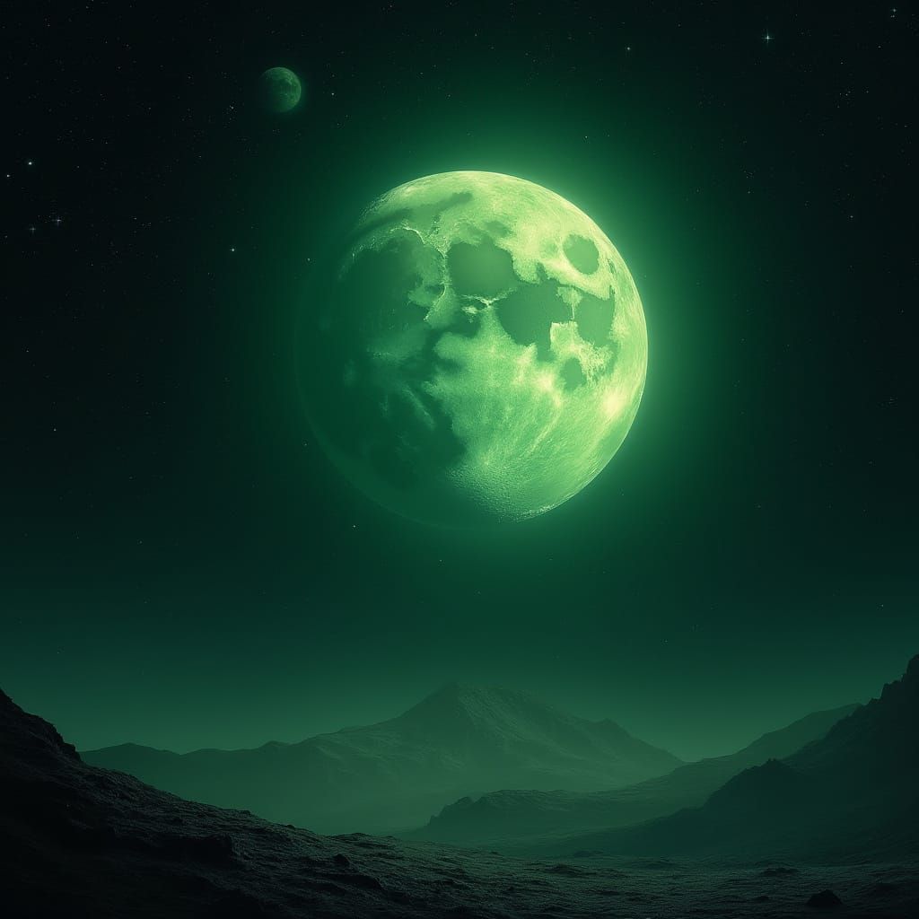 Luminous Green Moon in Cosmic Expanse