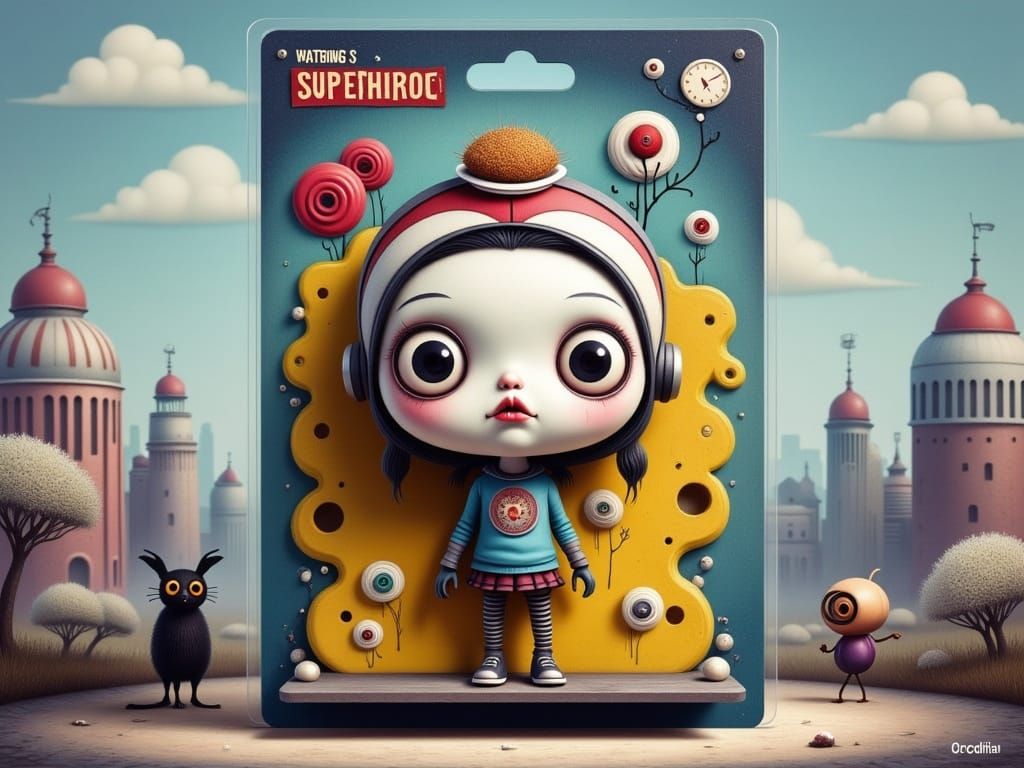 Playful Superhero Action Figure in Whimsical Cityscape Packa...