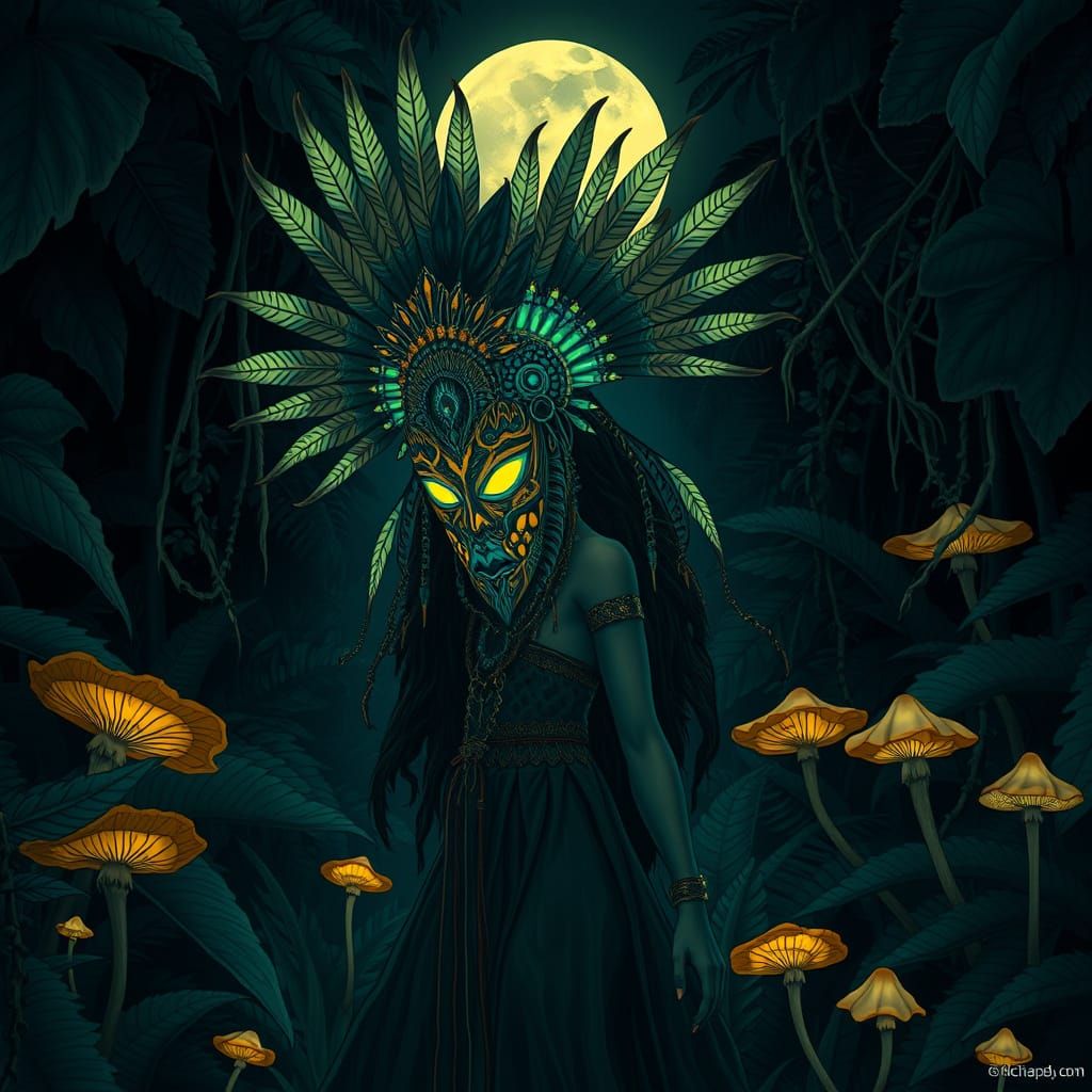 Woman in Bioluminescent Mask Walks Jungle in Art Nouveau Sty...