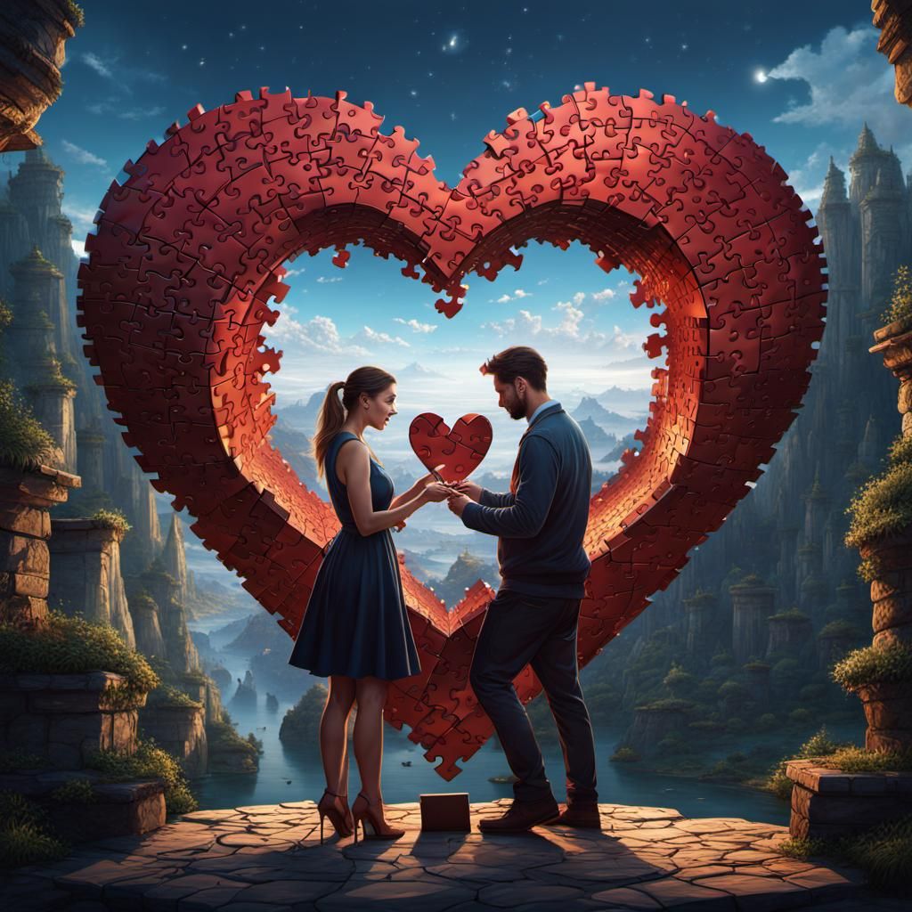 Couple Completing Heart Puzzle: Fantasy Concept Art