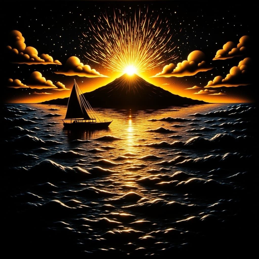 Sailing Catamaran Approaches a Volcanic Island