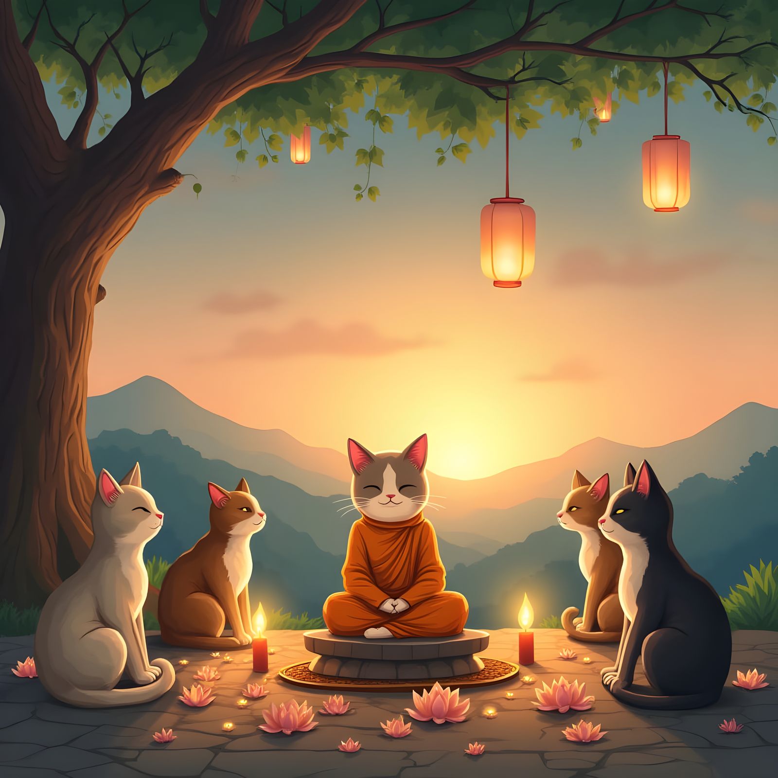 Whimsical Cats Meditate Under the Bodhi Tree