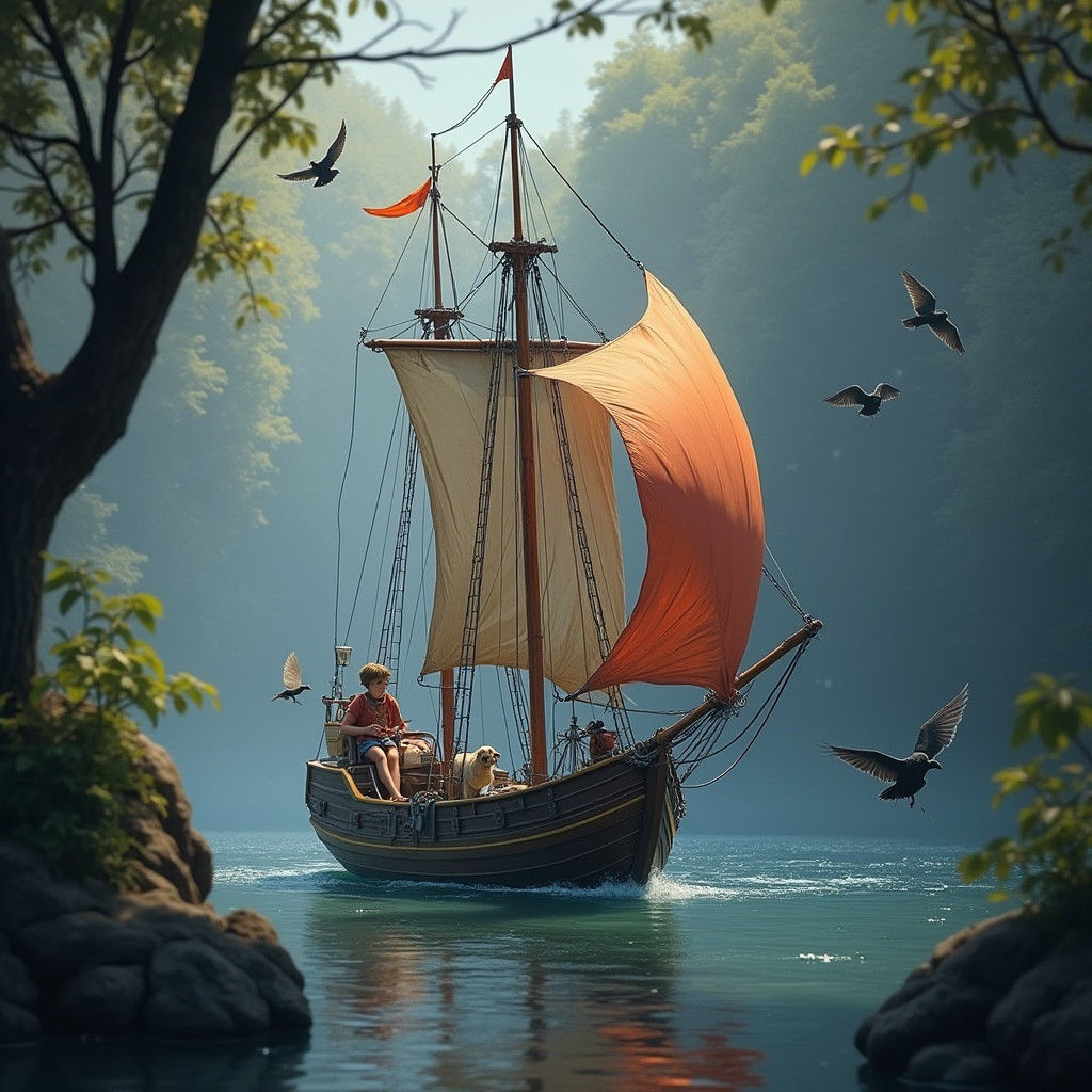 Children's Adventure with Swallows in Detailed Digital Art