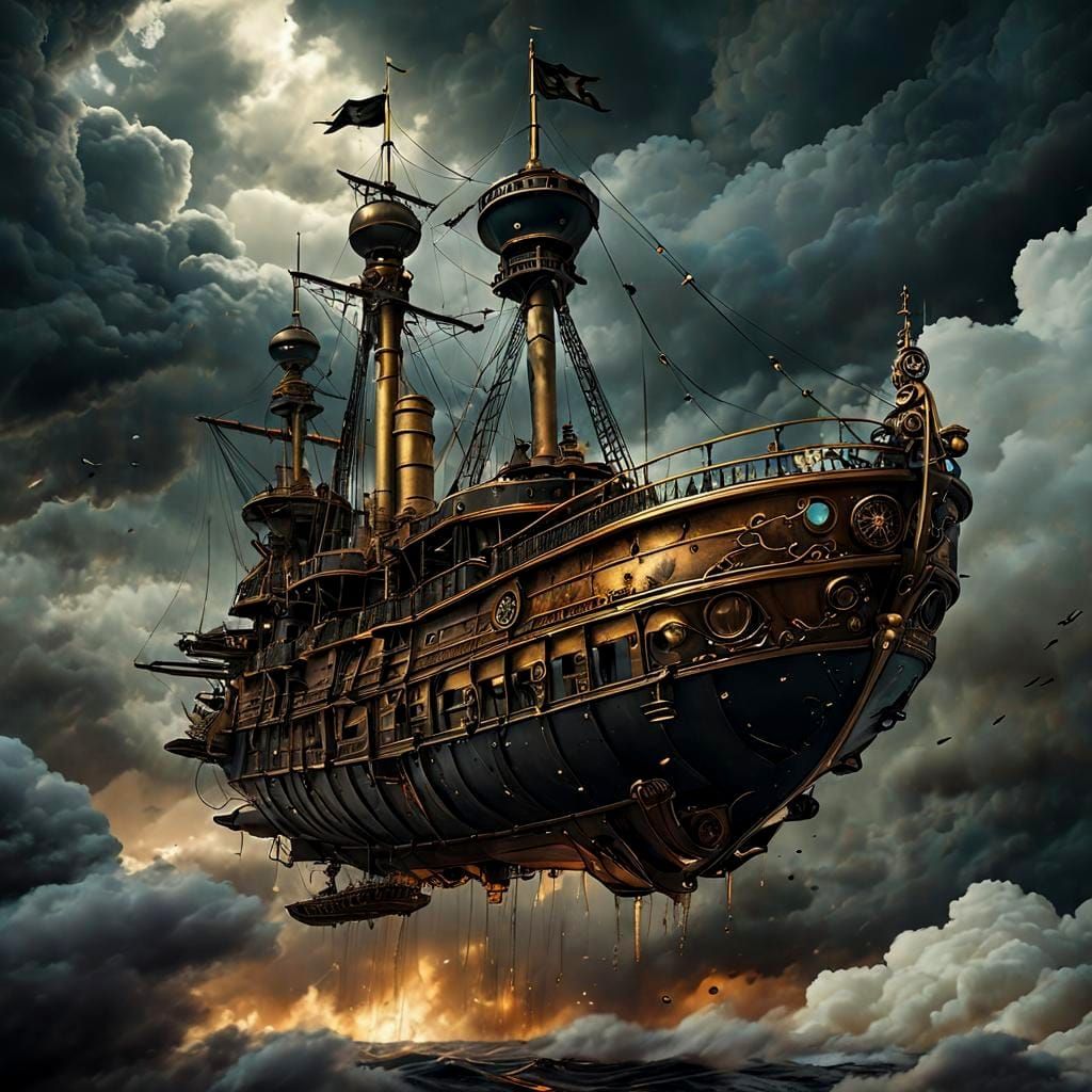 Steampunk Skyship Emerges from Storm Clouds