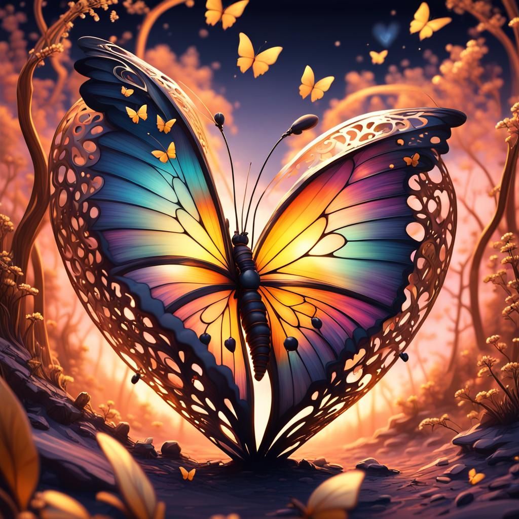 Butterfly Trapped in Heart: Dream Landscape with Gold