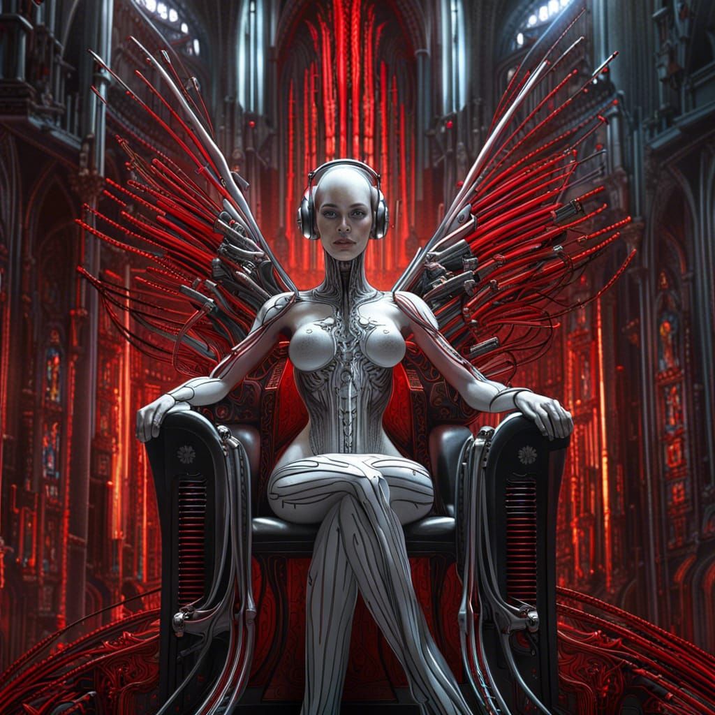 Cyberpunk Angel on Computer Throne in Sci-Fi Cathedral