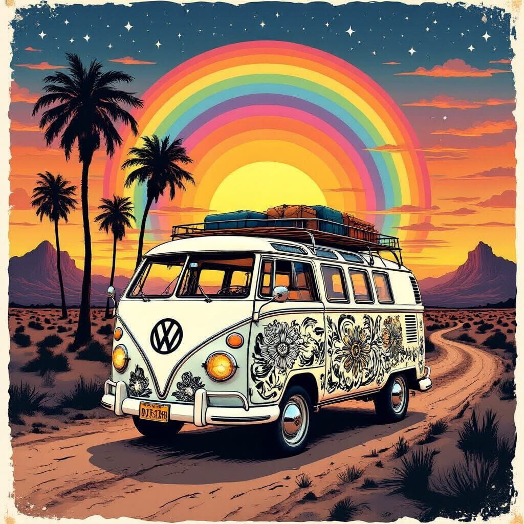 Vintage Psychedelic VW Camper Van at Desert Sunset