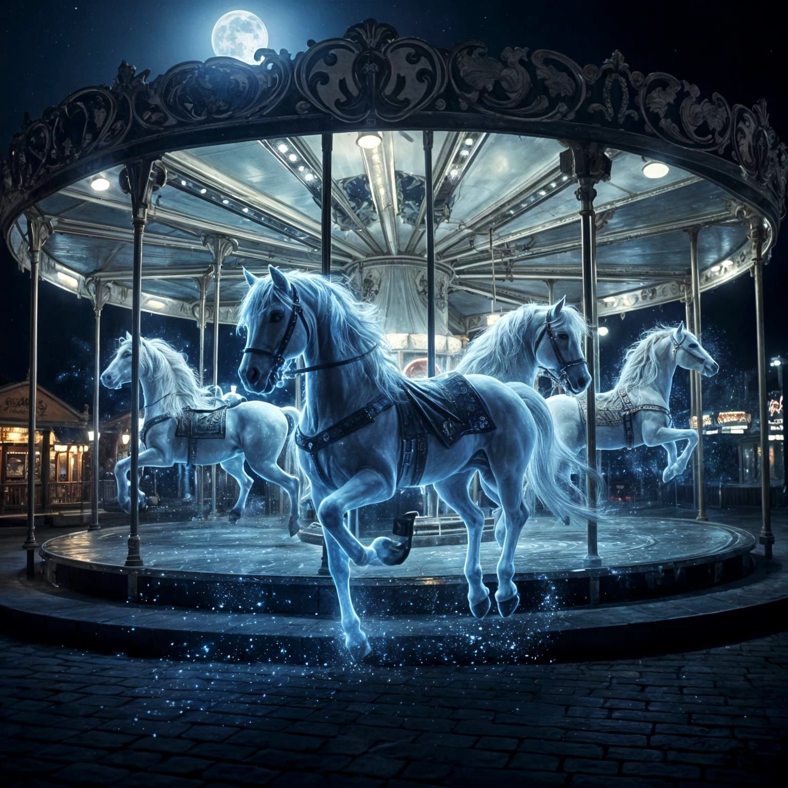 Enchanted Carousel Horses Leap Free Under Silver Moon