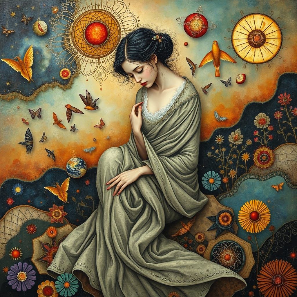 Dreamlike Figure Surrounded by Cosmic Textures