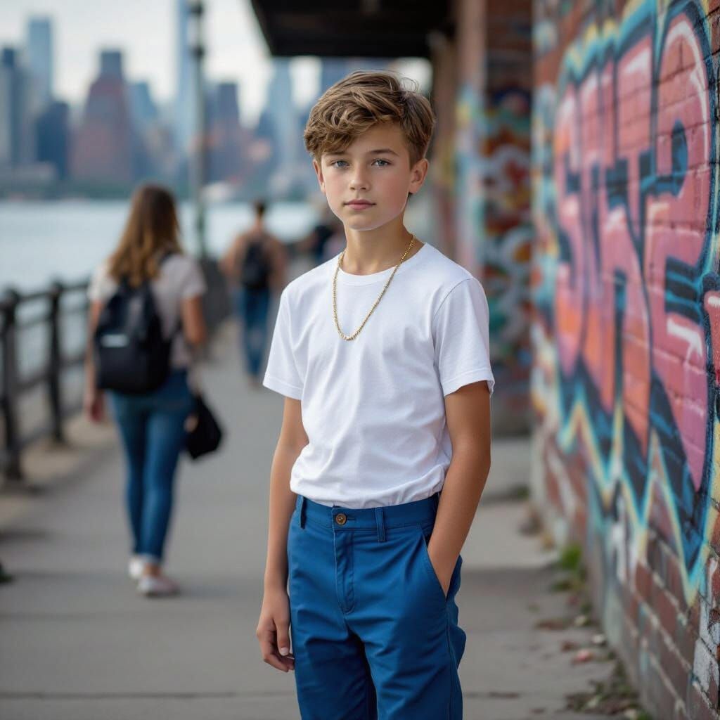 Young Man in Blue Chinos at Gantry Plaza Park
