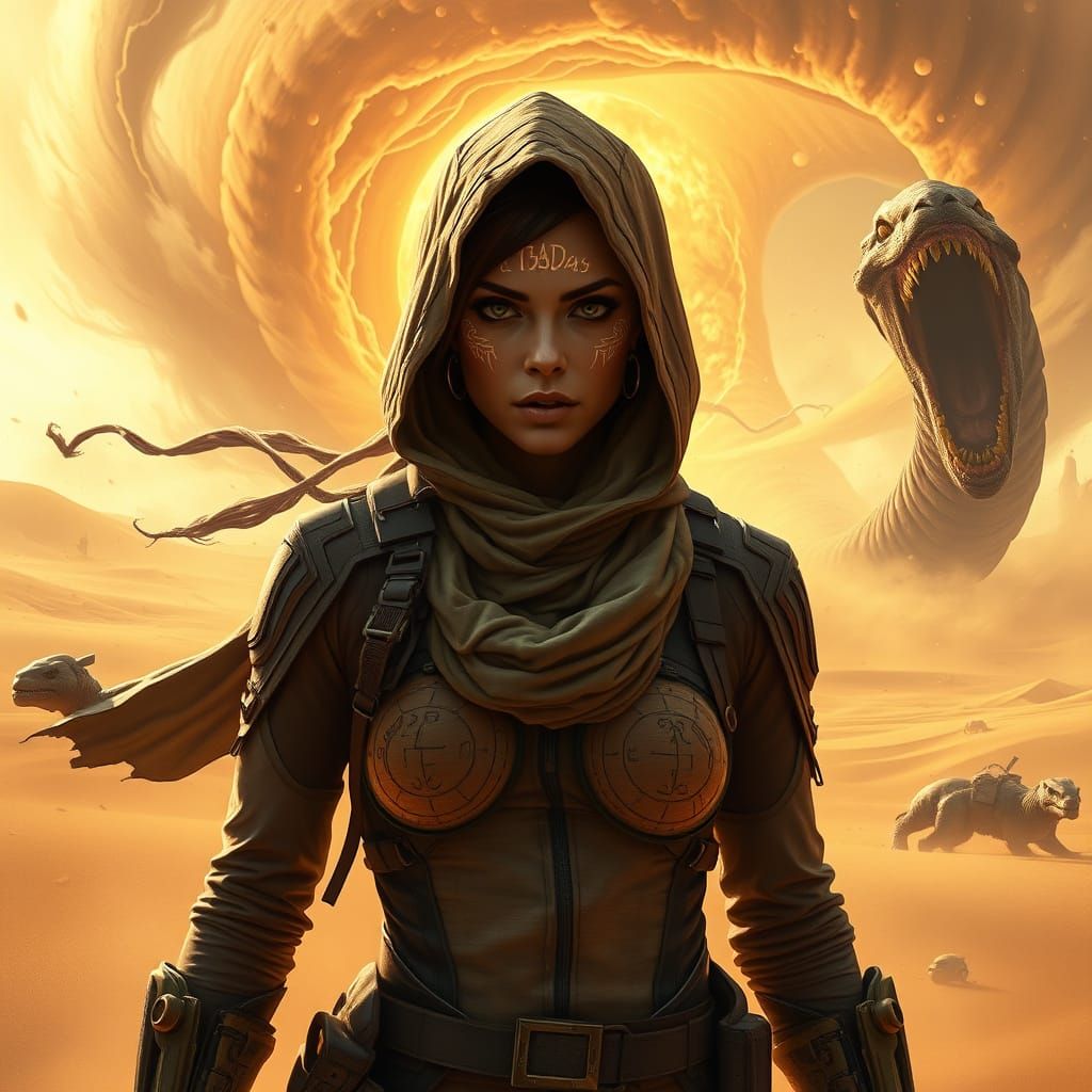 Dark Witcher Woman Defies Tornado on Arrakis