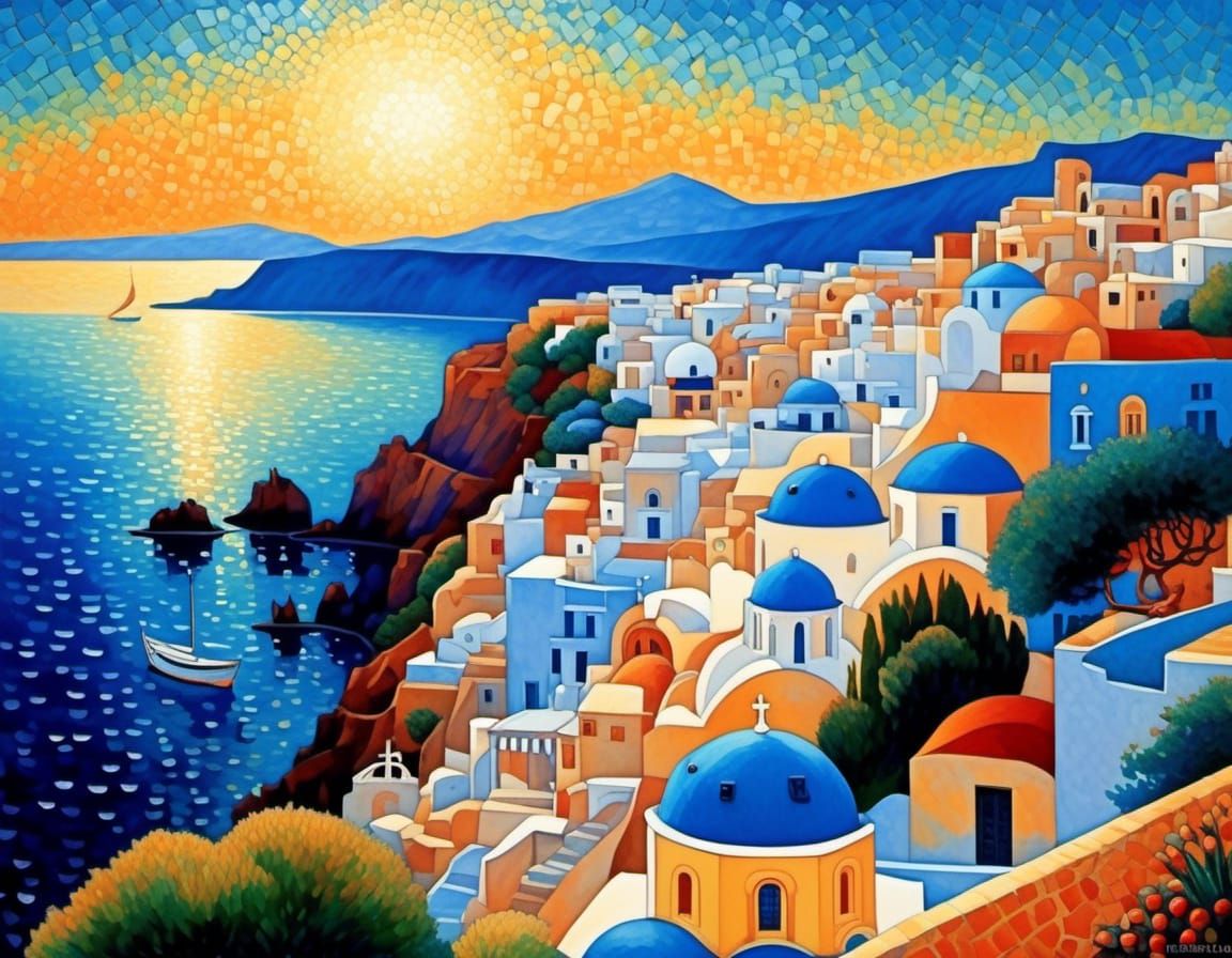 Santorini Coastal Town in Pointillist Style