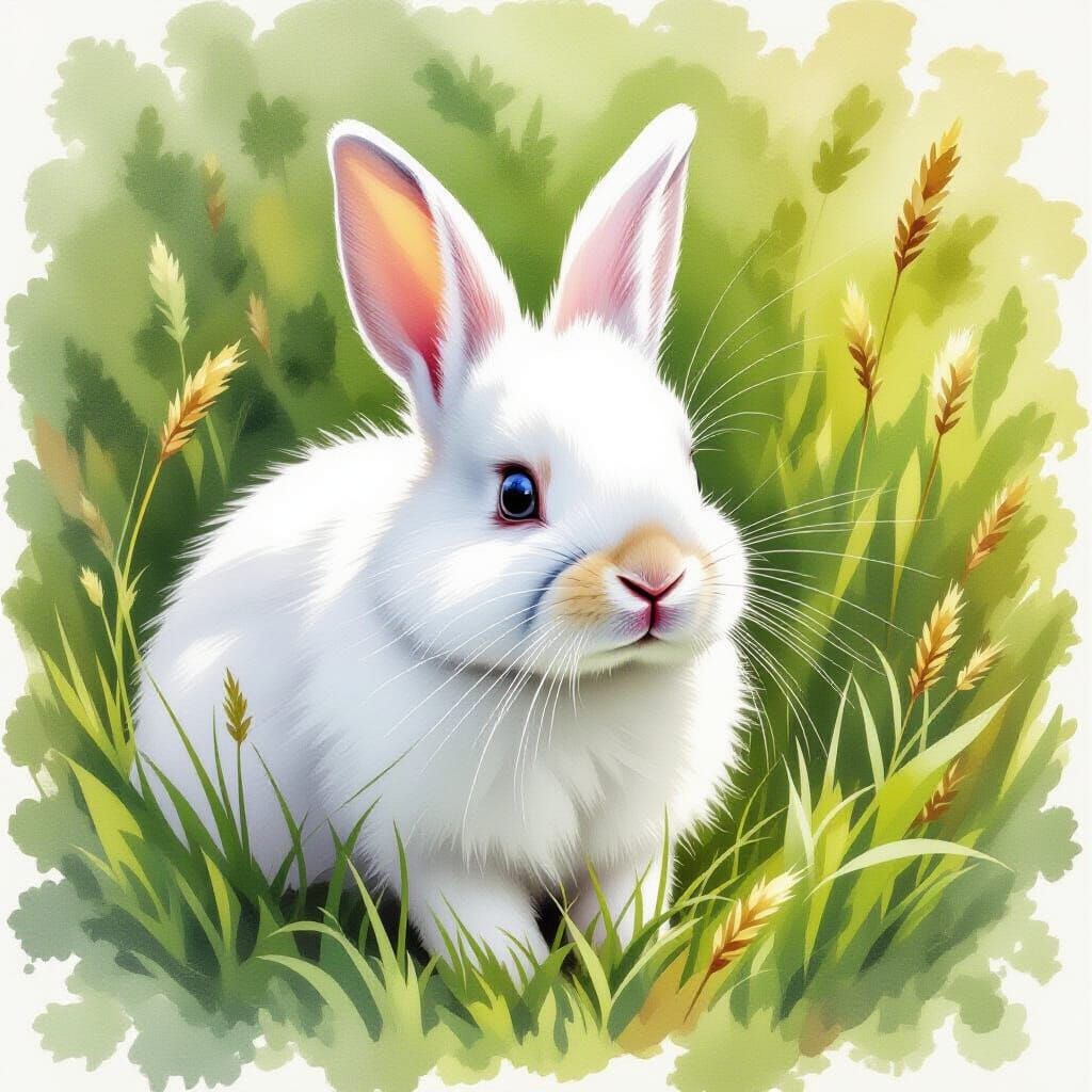 Watercolor Rabbit in Grassy Meadow