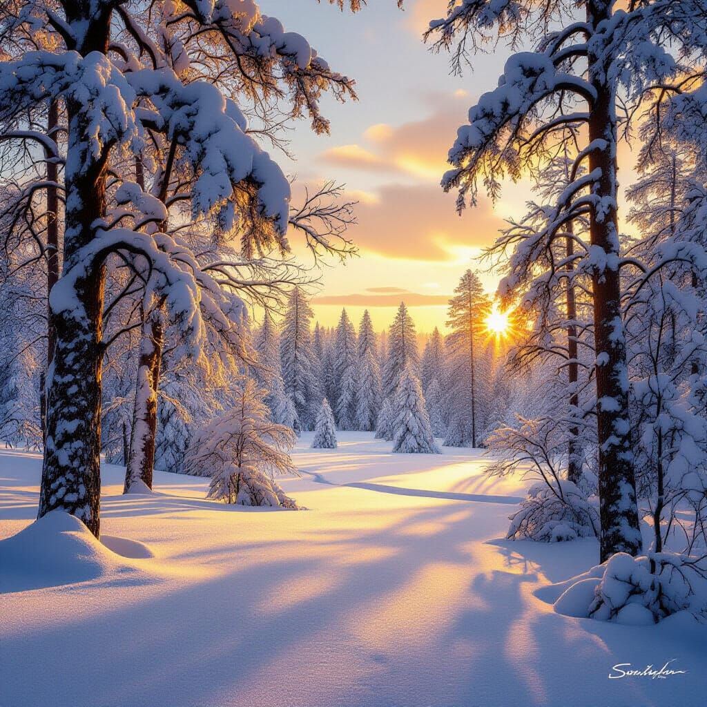 Snowy Forest at Sunset in Hyperrealistic Style