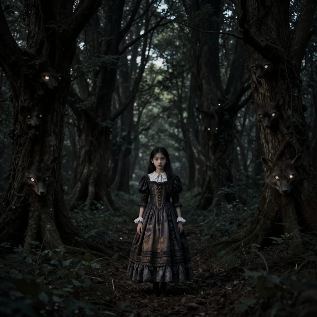 Victorian Girl in Forest with Eerie Animal Eyes