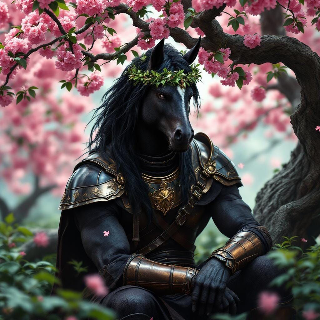 Stallion Centaur Under Cherry Tree, Matte Painting Style