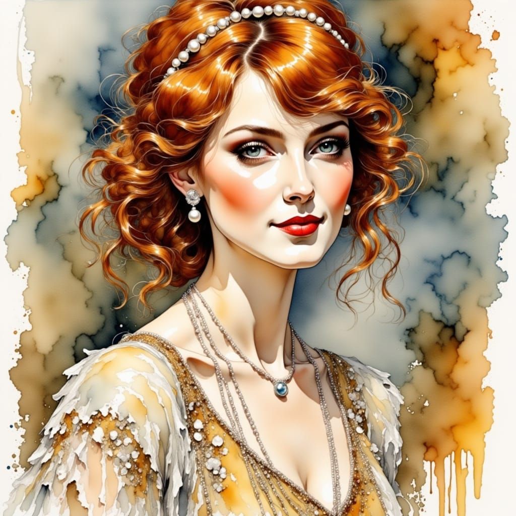Flapper Woman with Enchanting Smile in Watercolor Impression...