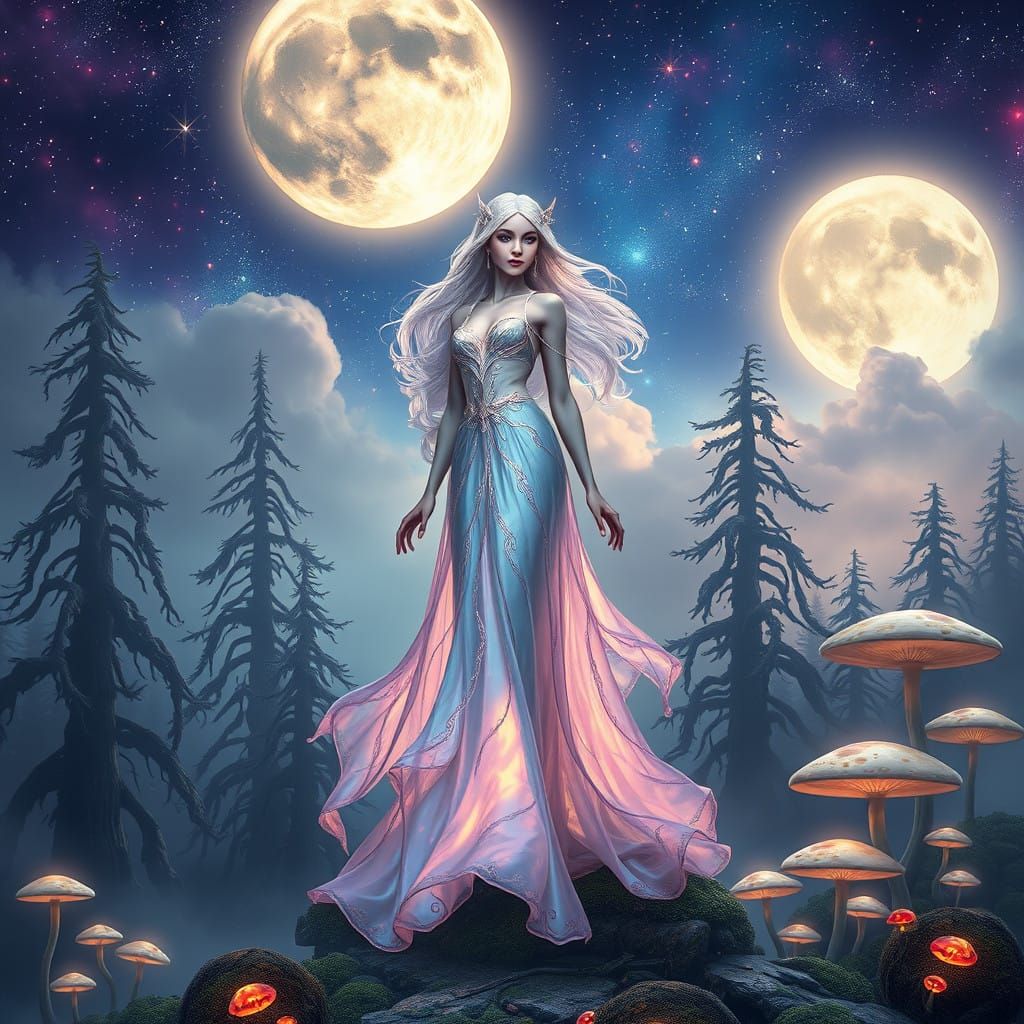 Luminous Moon Goddess in Dreamy Landscape