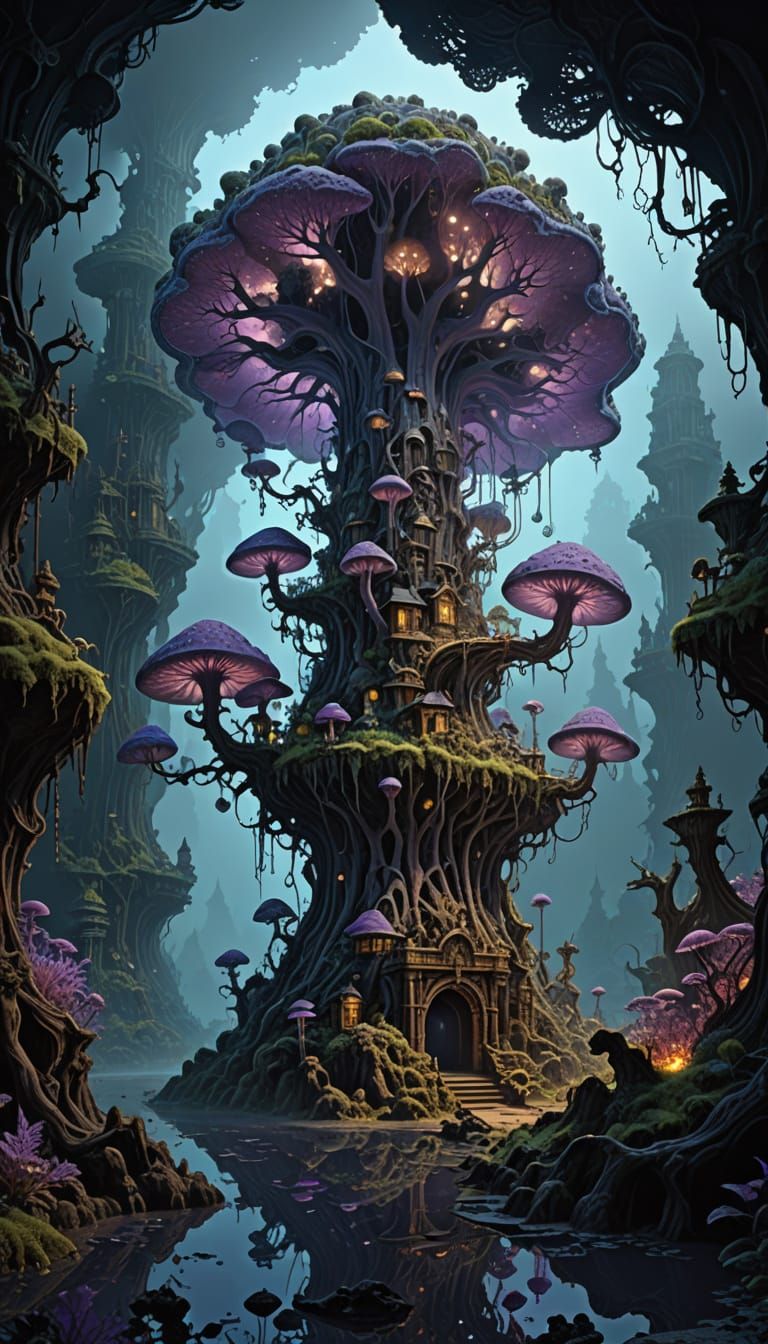 Gothic Surreal Landscape with Bioluminescent Mushrooms