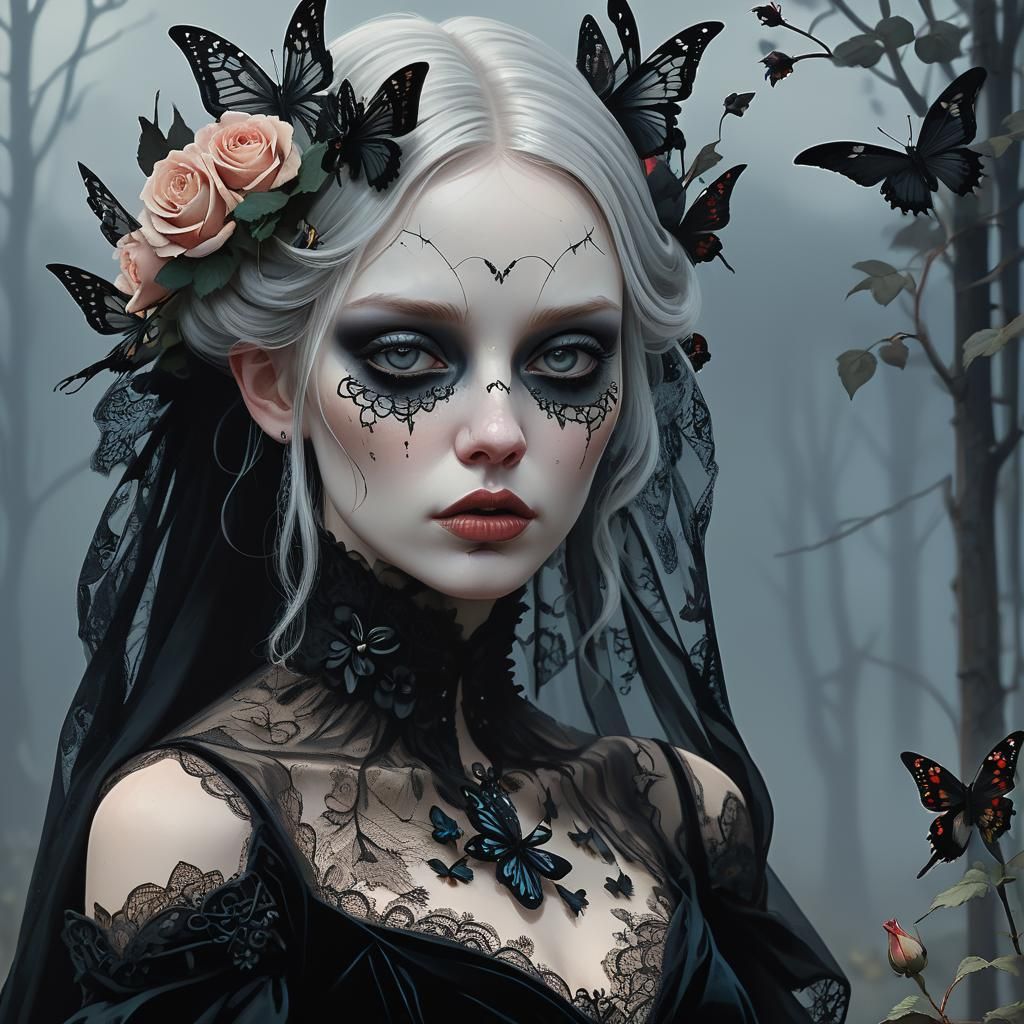 Gothic Girl with Butterflies and Rose, Dark Romanticism