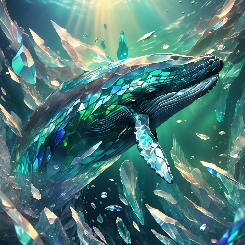 Majestic Crystal Whale in Iridescent Ocean, Fantasy Art