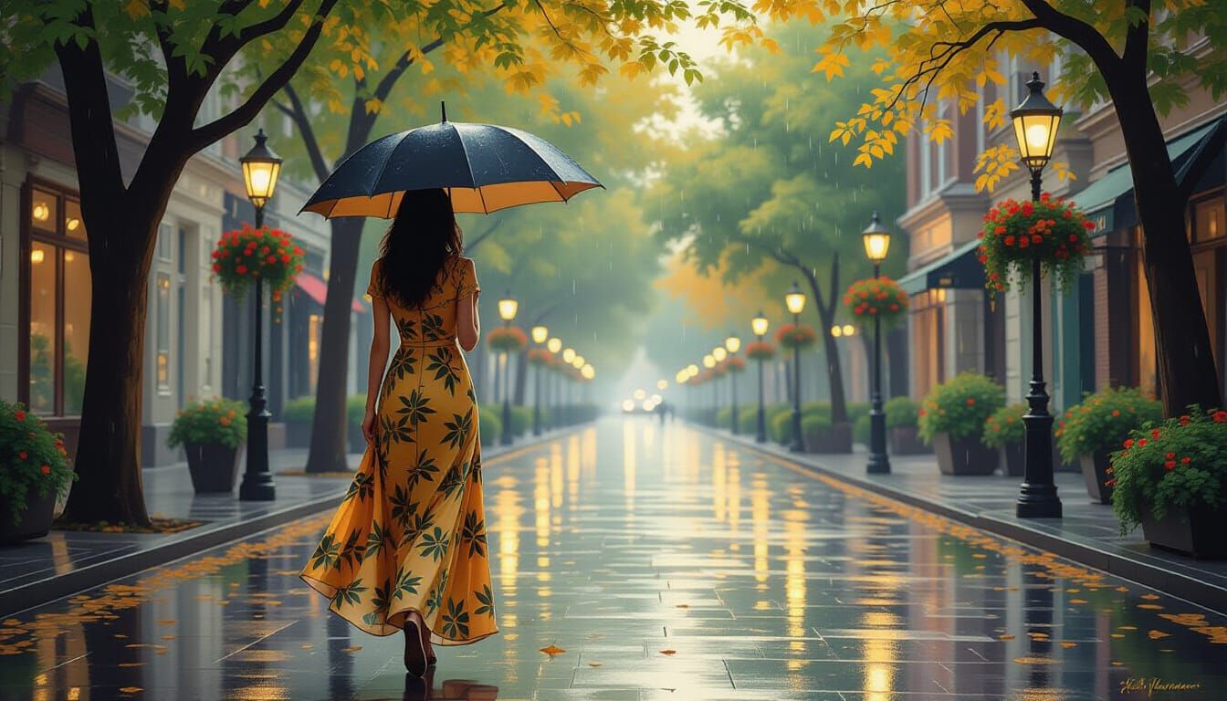 Woman with Umbrella in Rainy City Dusk, Hyper-Realistic Oil ...
