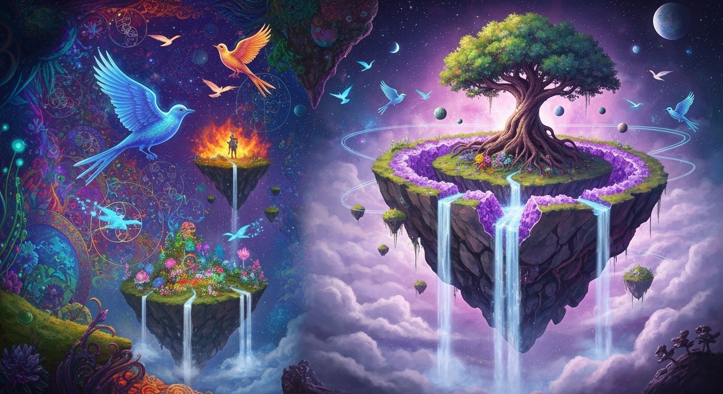 Ethereal Floating Islands with Cosmic Birds