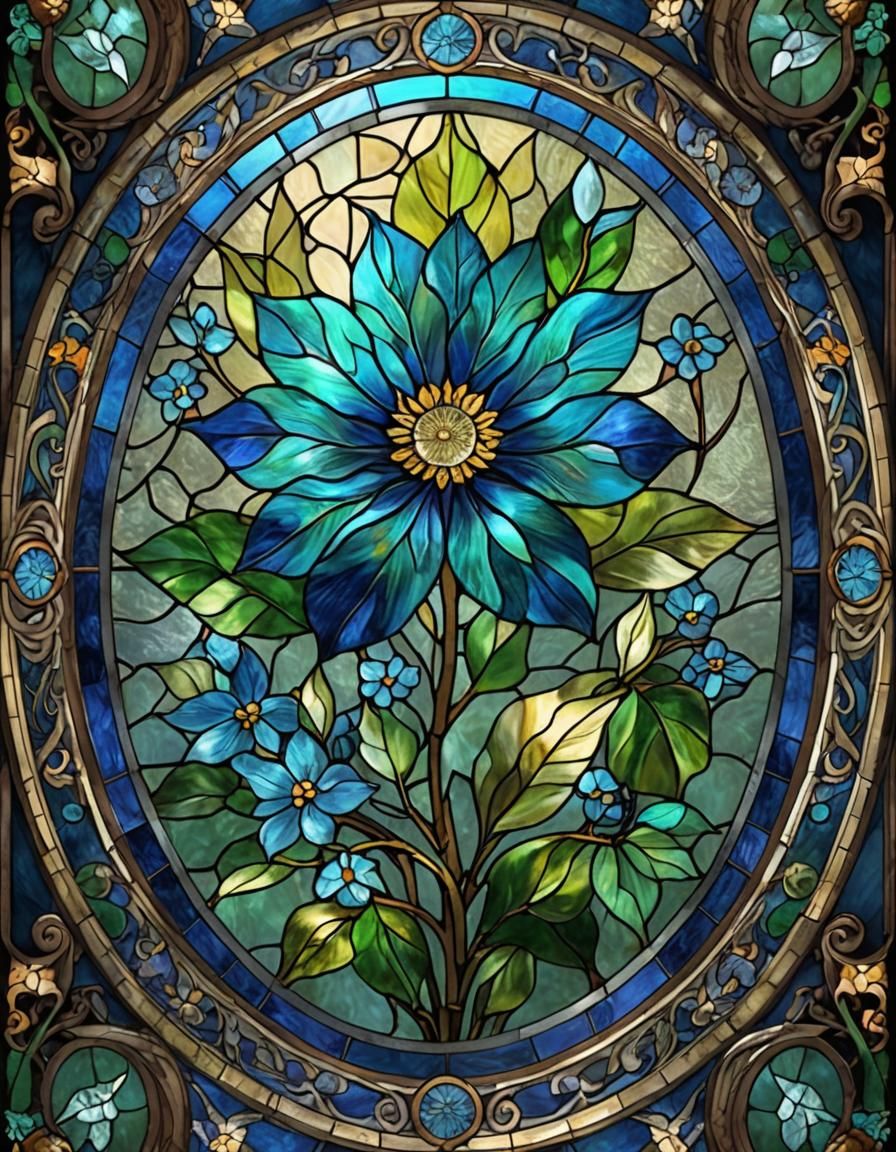 Stained Glass Blue-Liver Leaf Flower Art