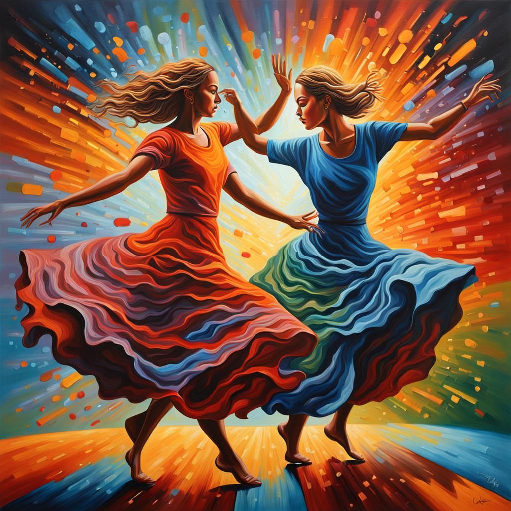 Surrealist Painting of Two Dancing Women